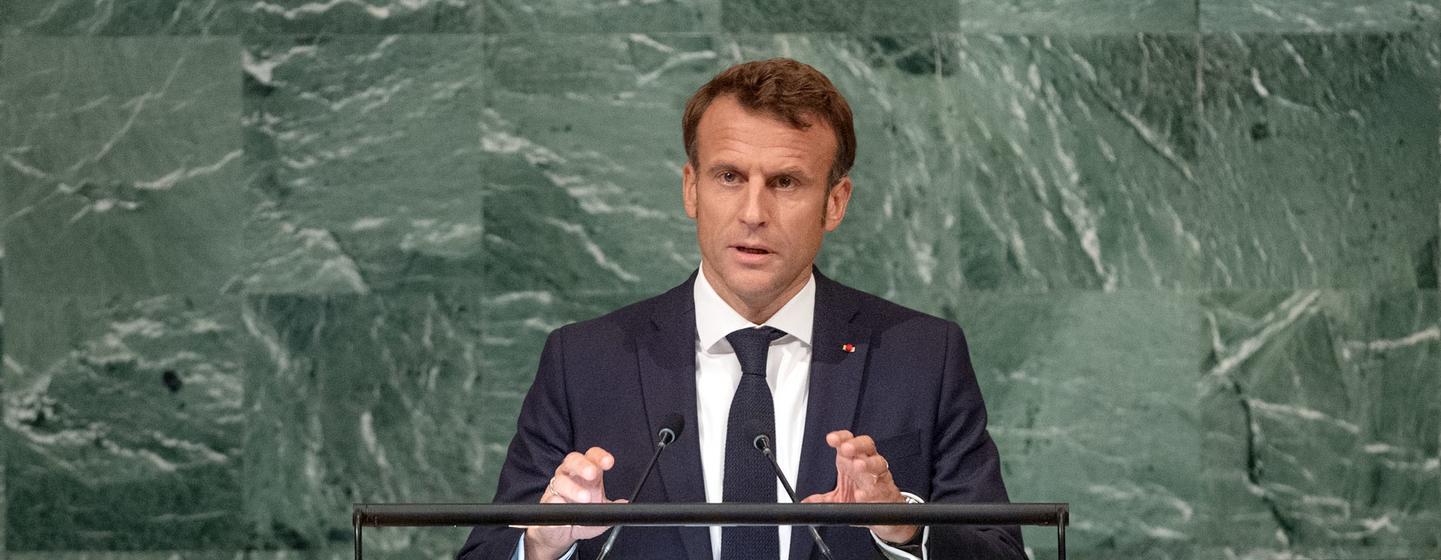 法國總統馬克宏在聯合國大會上譴責俄羅斯入侵烏克蘭。（圖／UN by Cia Pak）